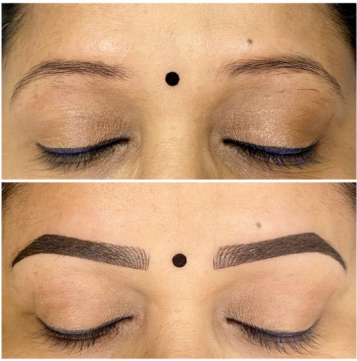 Eyebrow permanent makeup before and after - front view